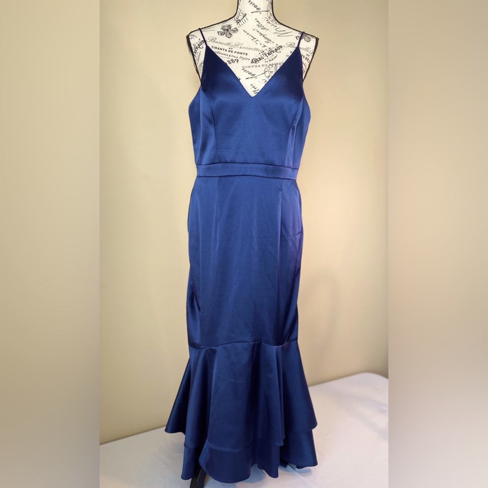 Preloved Xscape Navy Blue High Low Satin Dress Size 12 Org   $169